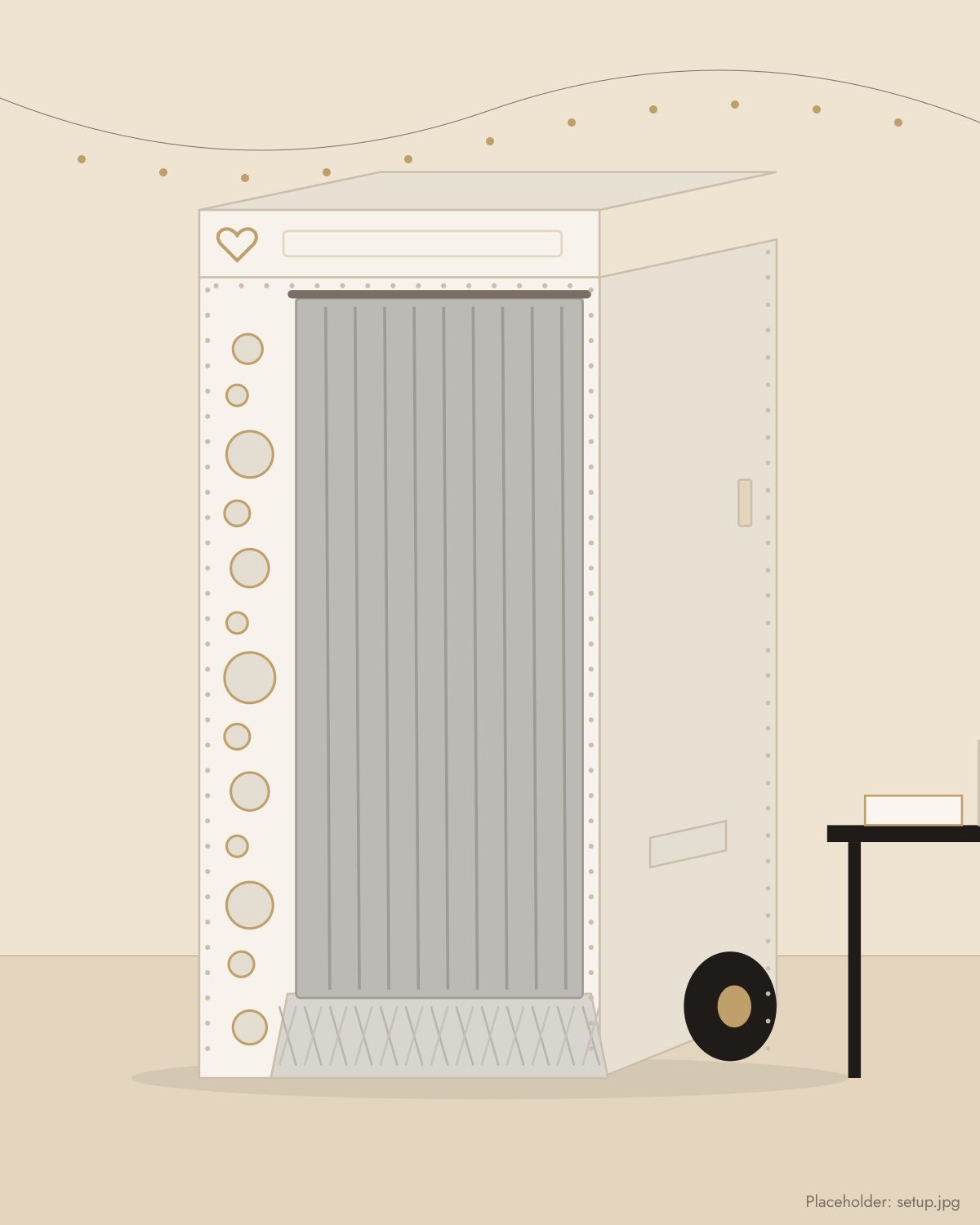 The photo booth set up at a reception with its curtain drawn